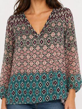 Everly Multicolor IKAT Semi Sheer Popover Blouse Small